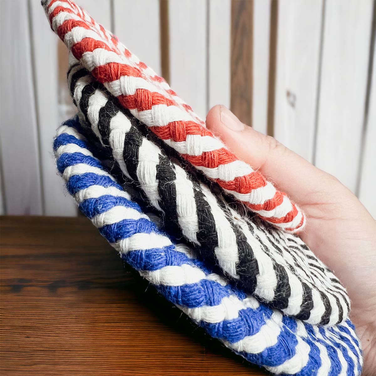 Blue Braided Holiday Coaster Set 4 Pack Candy Cane Stripe Table Protectors Absorbent Drink Mats