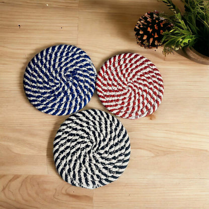 Blue Braided Holiday Coaster Set 4 Pack Candy Cane Stripe Table Protectors Absorbent Drink Mats