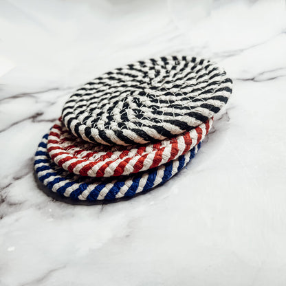 Blue Braided Holiday Coaster Set 4 Pack Candy Cane Stripe Table Protectors Absorbent Drink Mats