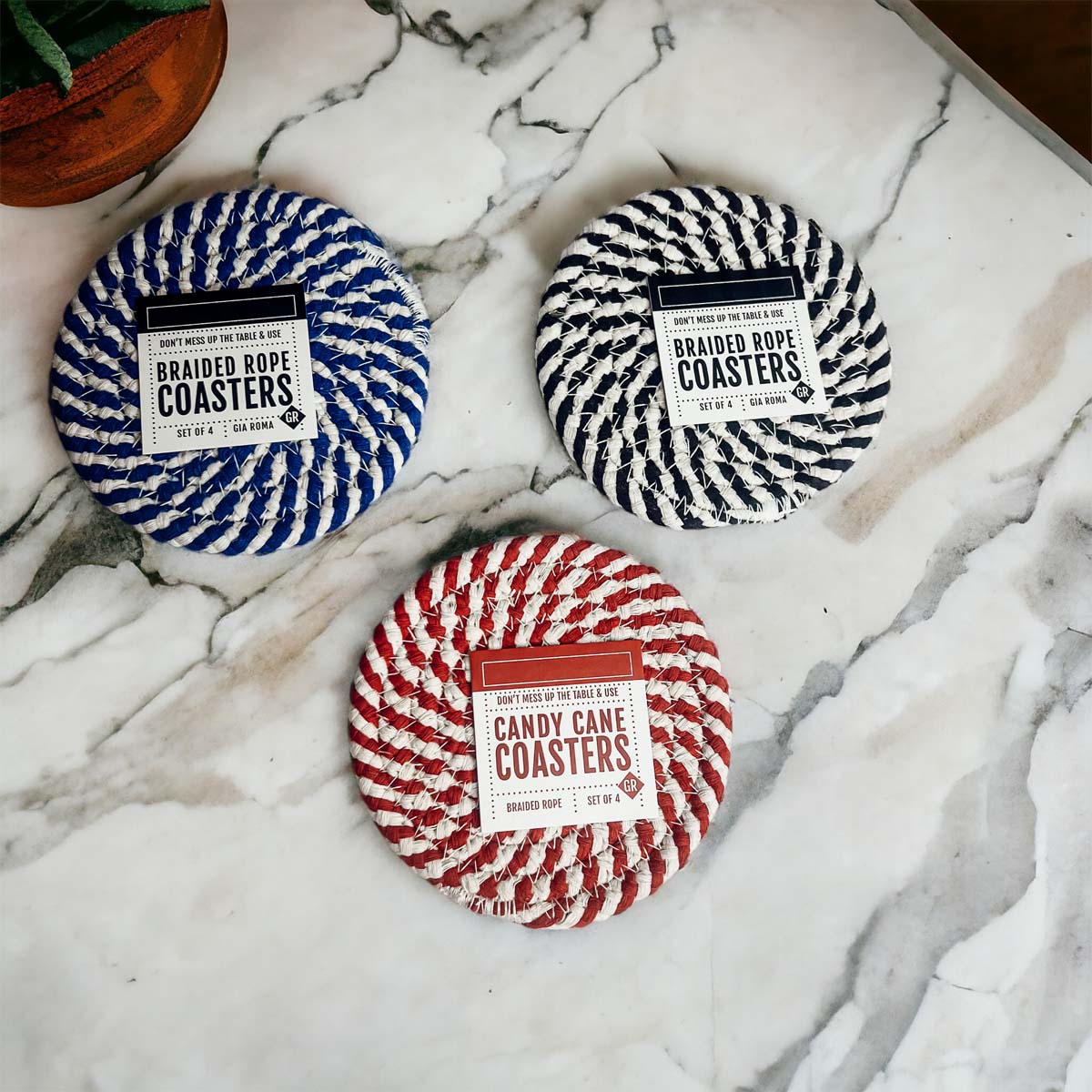 Blue Braided Holiday Coaster Set 4 Pack Candy Cane Stripe Table Protectors Absorbent Drink Mats