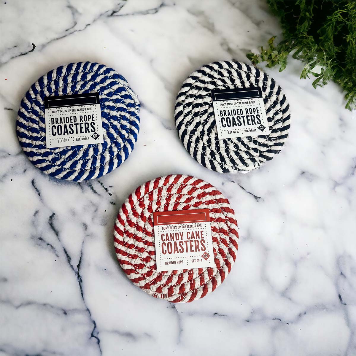 Blue Braided Holiday Coaster Set 4 Pack Candy Cane Stripe Table Protectors Absorbent Drink Mats