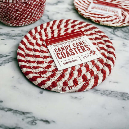 Black Braided Coaster Set 4-Pack Candy Cane Stripe Coasters Table Protectors