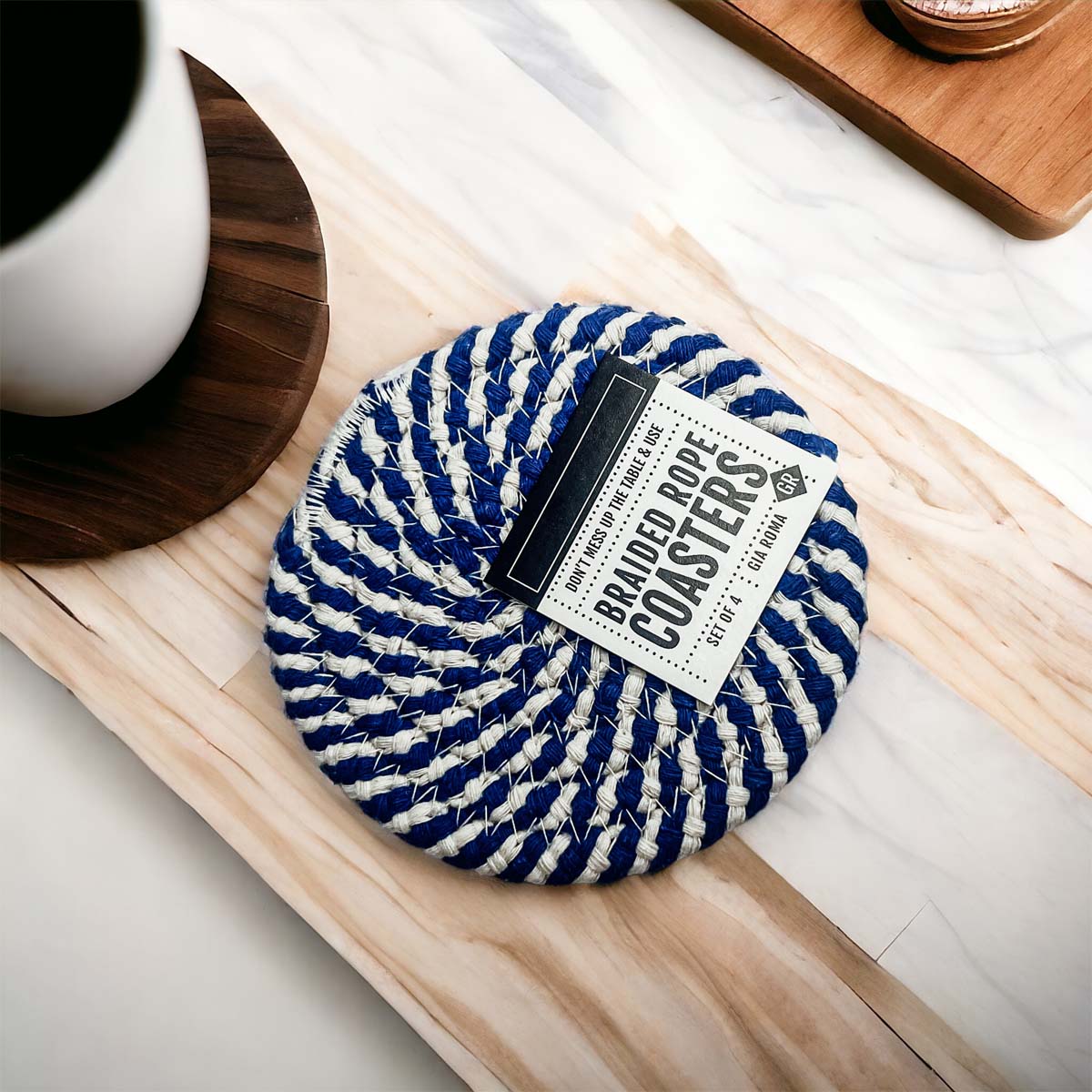 Blue Braided Holiday Coaster Set 4 Pack Candy Cane Stripe Table Protectors Absorbent Drink Mats