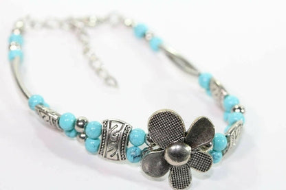 Turquoise Silver Petal Flower Bracelet With Extender