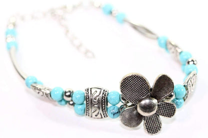Turquoise Silver Petal Flower Bracelet With Extender