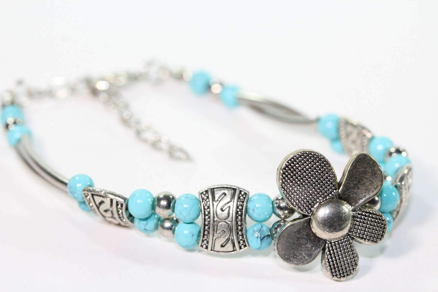Turquoise Silver Petal Flower Bracelet With Extender