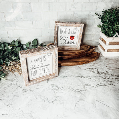 Cup Of Cheer Double Sided Coffee Bar Sign Holiday Winter Coffee Decor Red Mug Snowflake