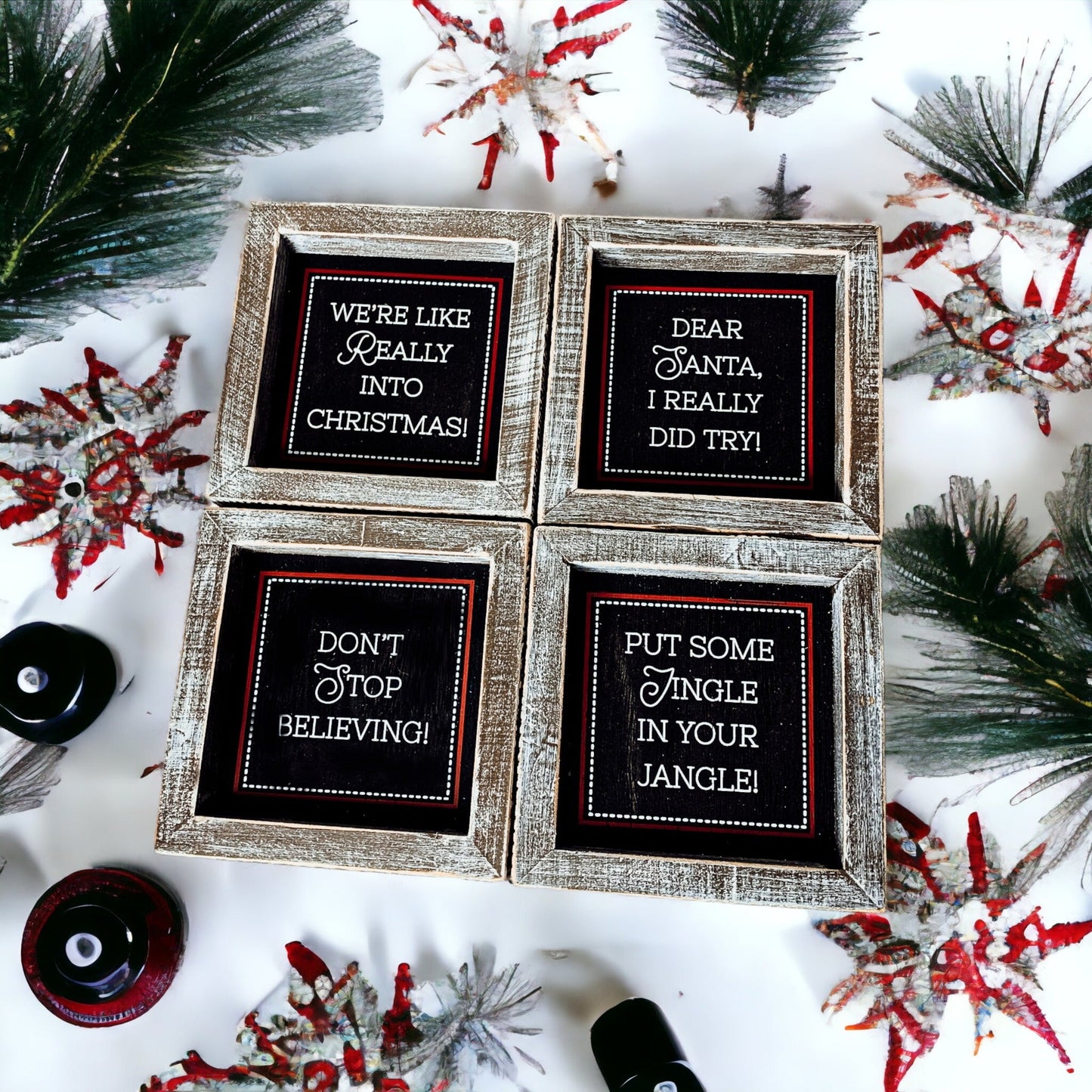 Black Chalkboard Style Wooden Christmas Sign Rustic Framed Holiday Wall Decor Set Of 4