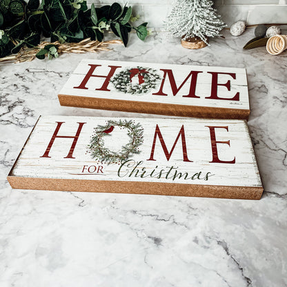Home For Christmas Wooden Sign With Wreath Holiday Mantel Shelf Decor