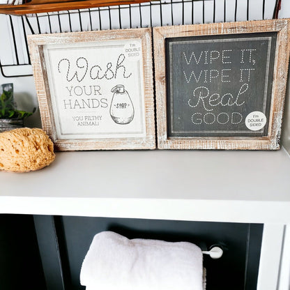 Double Sided Humorous Bathroom Sign Wipe It Real Good Reminder Wash Hands After Use