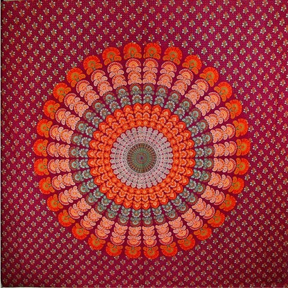 Maroon Peacock Mandala Tapestry Cotton Wall Throw Decor