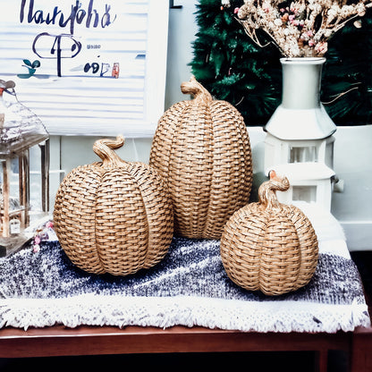 Rattan Resin Pumpkins Fall Decor - Set Or Single, 3 Sizes, Honey Cognac