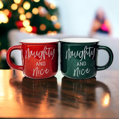 Naughty And Nice Coffee Mug Ceramic Campfire Style 14.5oz Red Or Green Double Side Design