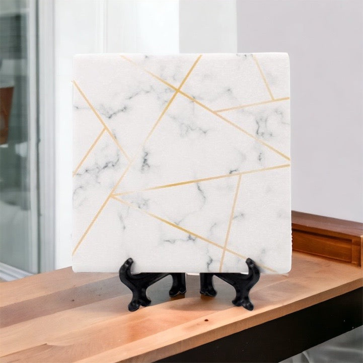 Golden Geometric Ceramic Coaster 4 Inch Cork Back Modern Thirsty Coaster Single Or Set