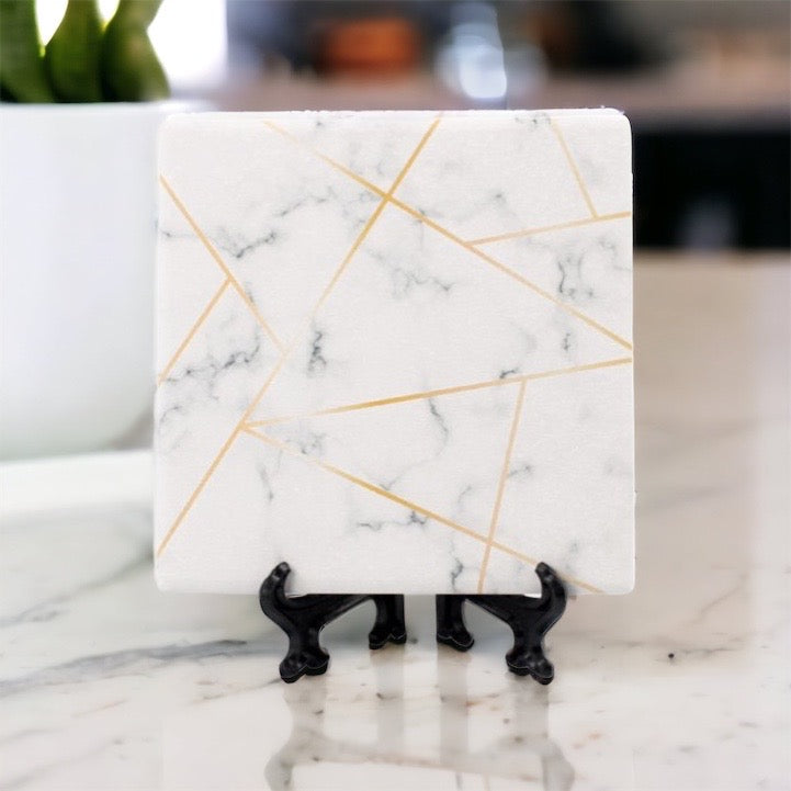 Golden Geometric Ceramic Coaster 4 Inch Cork Back Modern Thirsty Coaster Single Or Set