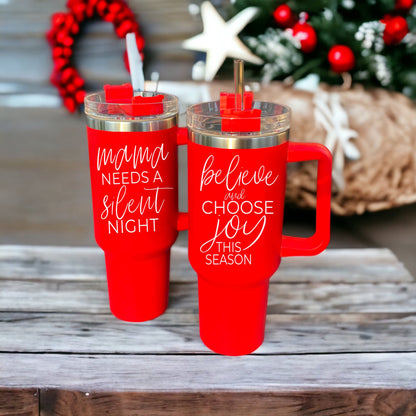 Believe Joy 40oz Insulated Tumbler With Handle Lid Straw Holiday Travel Mug