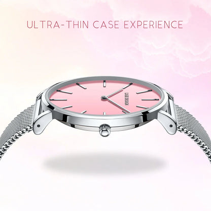Women's Pink Dial Mesh Band Slim Stainless Steel Watch