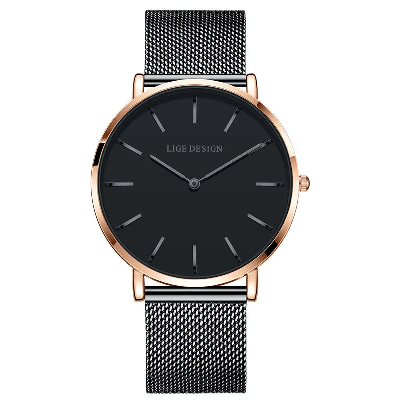 Women's Pink Dial Mesh Band Slim Stainless Steel Watch