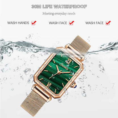 Women's Rectangular Green Dial Mesh Band Quartz Watch