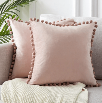 Plush Pom Pom Decorative Pillows 18x18 Velour Poly Cotton Soft Hypoallergenic Insert Option