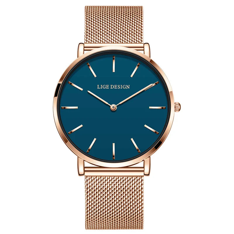 Women's Pink Dial Mesh Band Slim Stainless Steel Watch