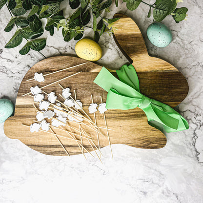 Acacia Wood Bunny Cutting Board With 20 Bunny Toothpicks And Ribbon Gift