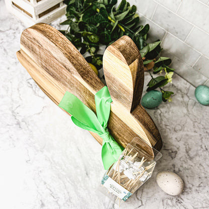 Acacia Wood Bunny Cutting Board With 20 Bunny Toothpicks And Ribbon Gift