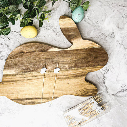 Acacia Wood Bunny Cutting Board With 20 Bunny Toothpicks And Ribbon Gift
