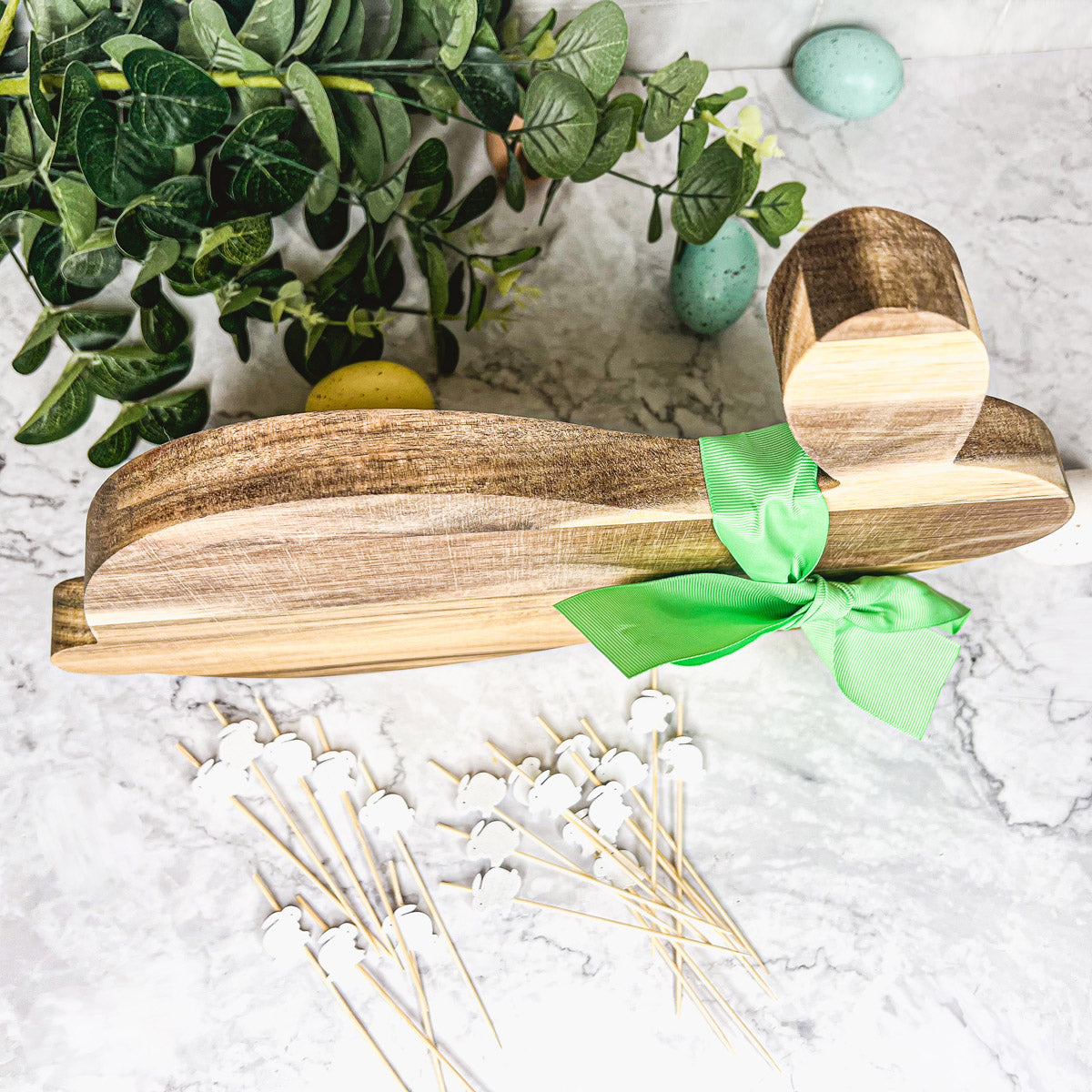 Acacia Wood Bunny Cutting Board With 20 Bunny Toothpicks And Ribbon Gift