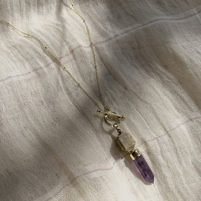 Amethyst Lariat Necklace Satellite Chain Bar Circle Closure Polished Pendant