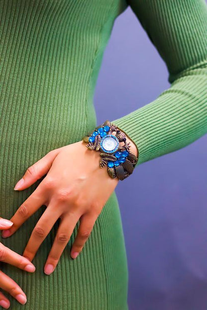 Antique Indigo Brass Watch Bracelet With Blue Beads