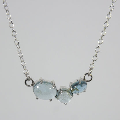 Aquamarine Sterling Silver Necklace 3 Stone Pendant