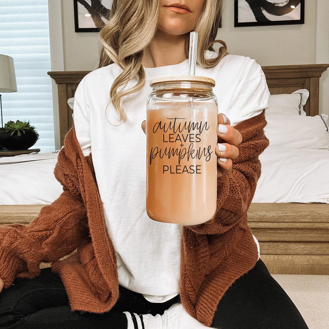 Autumn Leaves 20oz Glass Tumbler With Bamboo Lid, 2 Stainless Straws & Cleaner