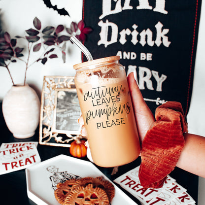 Autumn Leaves 20oz Glass Tumbler With Bamboo Lid, 2 Stainless Straws & Cleaner