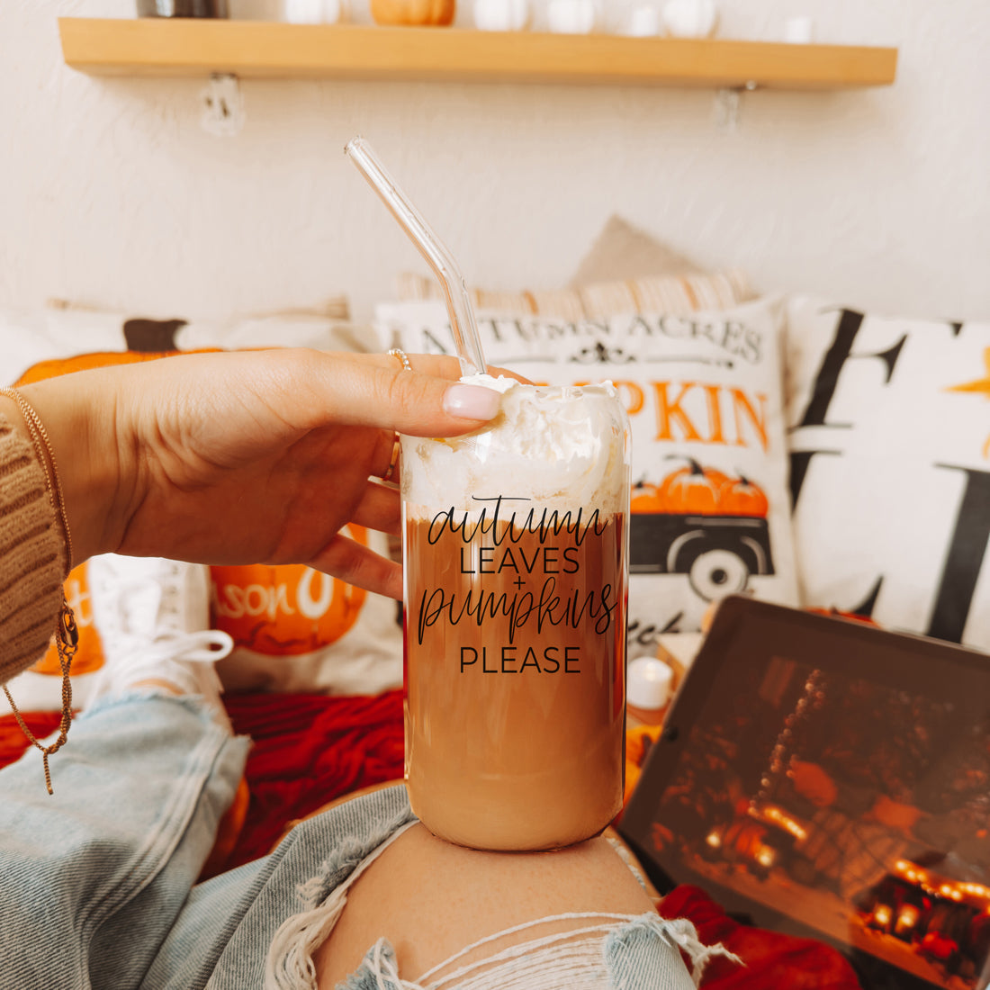 Autumn Leaves 20oz Glass Tumbler With Bamboo Lid, 2 Stainless Straws & Cleaner