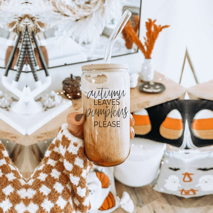 Autumn Leaves 20oz Glass Tumbler With Bamboo Lid, 2 Stainless Straws & Cleaner