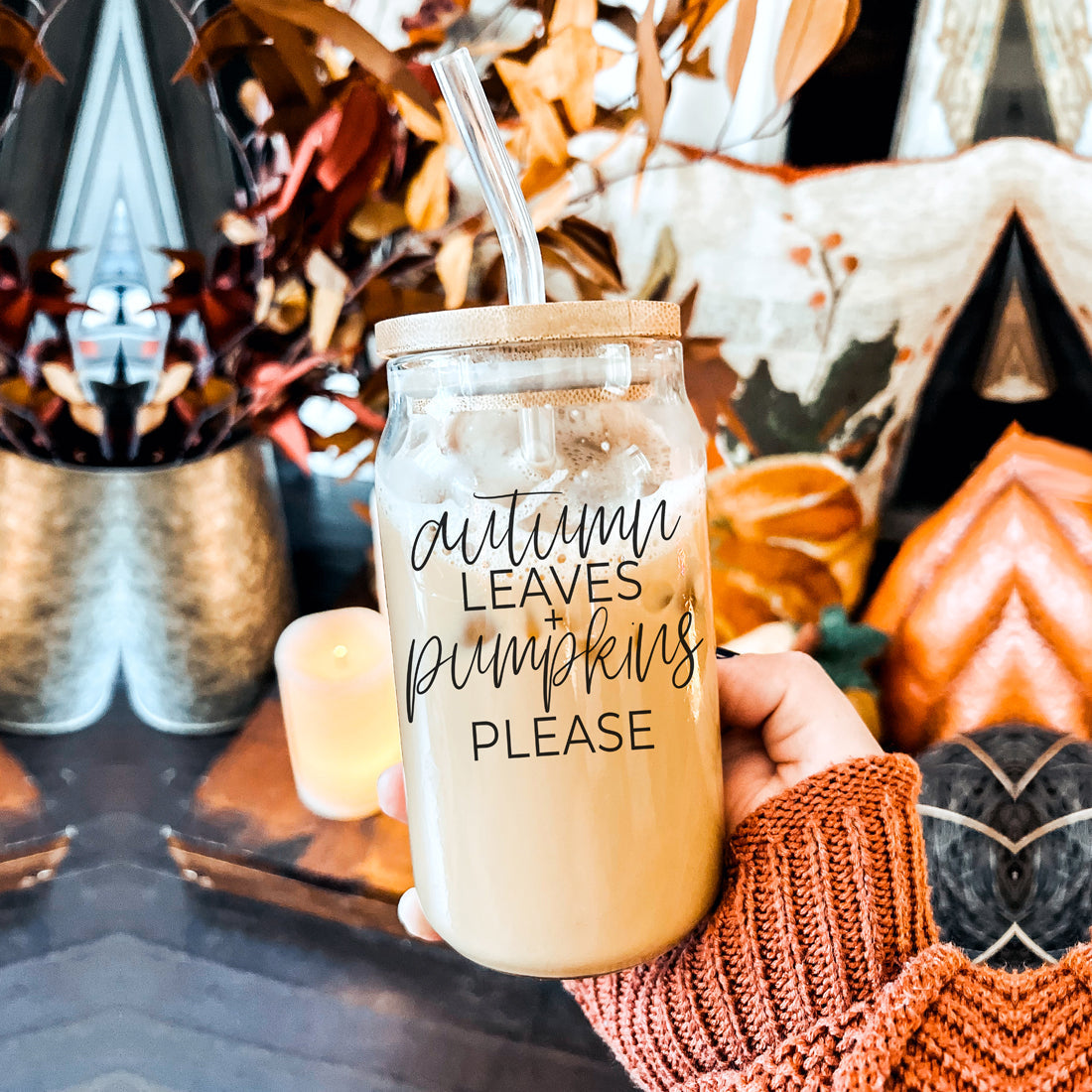 Autumn Leaves 20oz Glass Tumbler With Bamboo Lid, 2 Stainless Straws & Cleaner