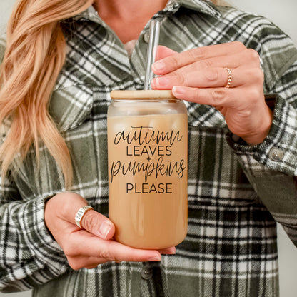 Autumn Leaves 20oz Glass Tumbler With Bamboo Lid, 2 Stainless Straws & Cleaner