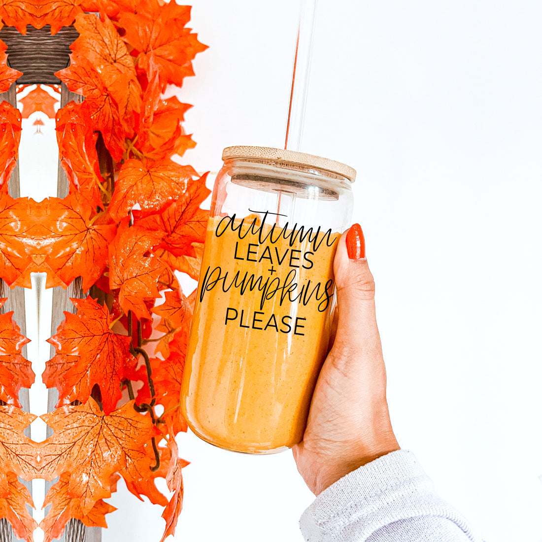 Autumn Leaves 20oz Glass Tumbler With Bamboo Lid, 2 Stainless Straws & Cleaner