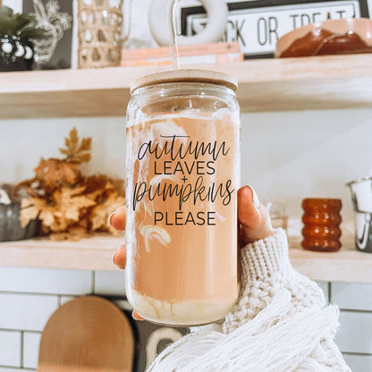 Autumn Leaves 20oz Glass Tumbler With Bamboo Lid, 2 Stainless Straws & Cleaner