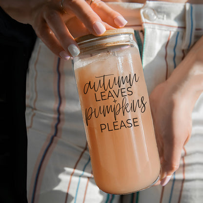 Autumn Leaves 20oz Glass Tumbler With Bamboo Lid, 2 Stainless Straws & Cleaner