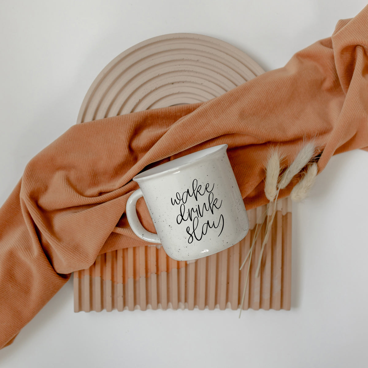 Wake Drink Slay 14.5oz Ceramic Campfire Mug Double-Sided Speckled White Sesame