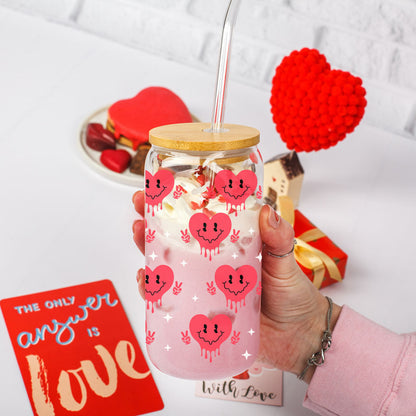 Badass Bougie 20oz Glass Cup With Bamboo Lid Funny Smiley Heart Design