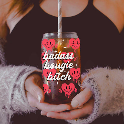 Badass Bougie 20oz Glass Cup With Bamboo Lid Funny Smiley Heart Design
