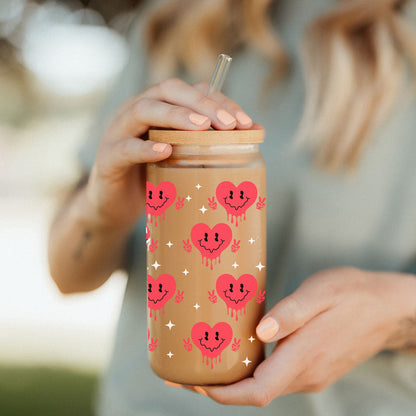 Badass Bougie 20oz Glass Cup With Bamboo Lid Funny Smiley Heart Design