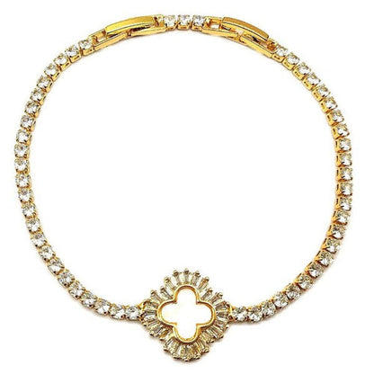 Baguette Clover Rhinestone Tennis Bracelet Gold Plated
