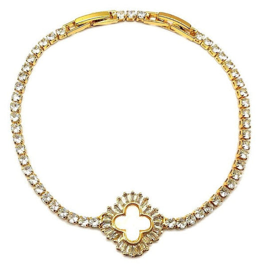 Baguette Clover Rhinestone Tennis Bracelet Gold Plated