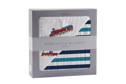 Bamboo Muslin Baby Blanket Vintage Train Blue Stripes