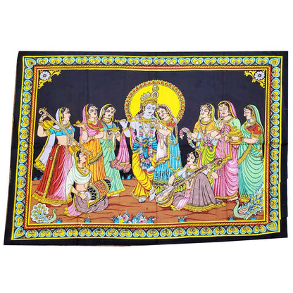 Krishna Wall Art Black Handpainted Cloth Banner Sequin