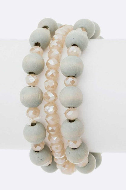 Beaded Stretch Bracelet Set Wood And Gold Toned Boho